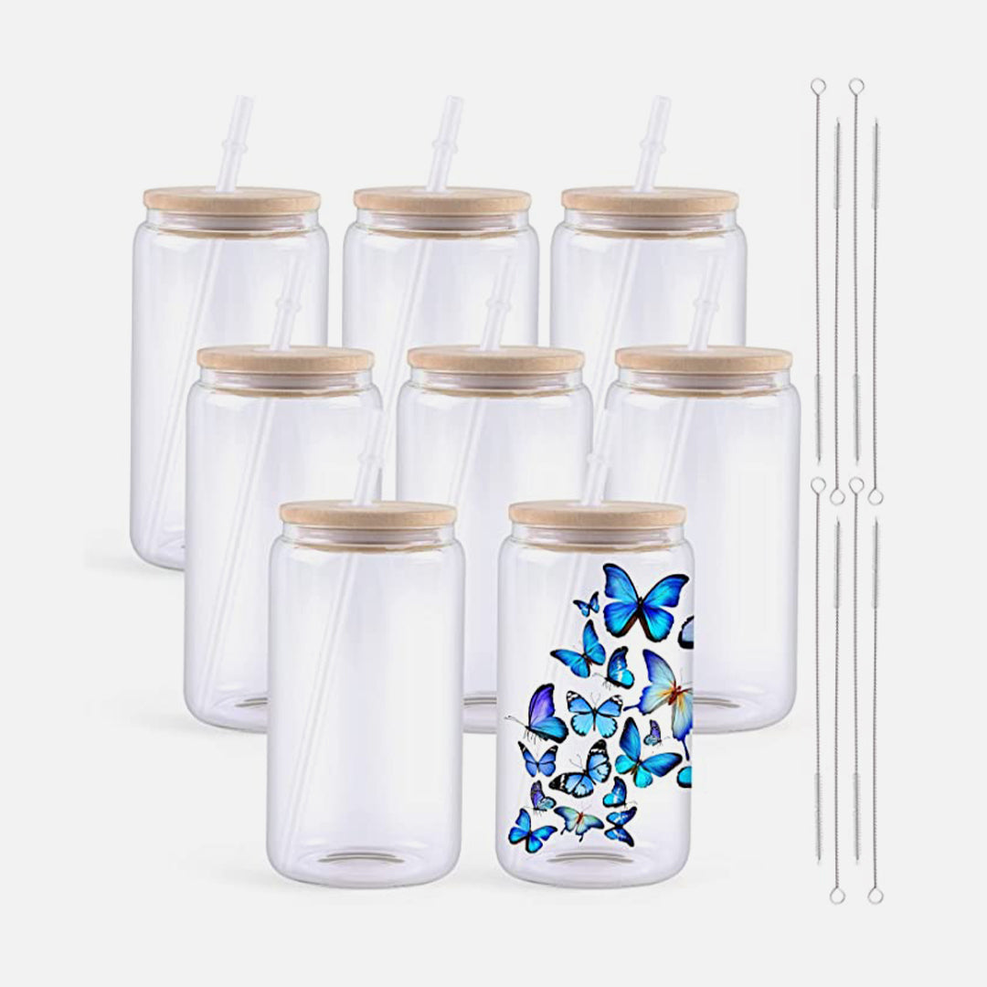 16 Oz Clear or Frosted Glass Beer Can, Sublimation Blank, Libbey Glass Can Bamboo  Lid and Straw, Iced Coffee Clear Glass Jar, DIY Supplies 