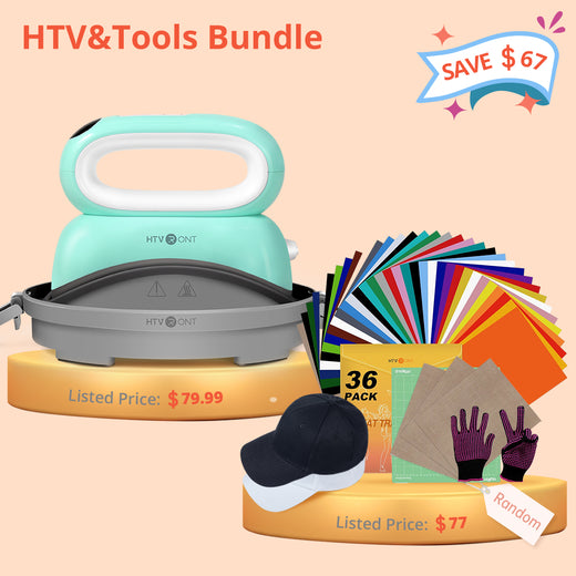 [HTV&Tools Bundle]HTVRONT Hat Heat Press Machine+HTV&Tools Bundle(36pcs HTV+Baseball Cap Blank*2+PTFE Teflon Sheet*3+Gloves+Cutting Mat≥77＄)