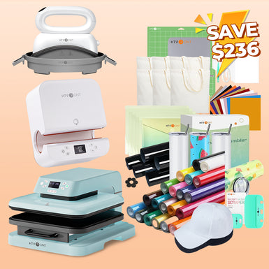 [All in one]HTVRONT Auto Press15"x15"+Tumbler Press+Hat Press Machine+All in Bundle(Canvas Tote Bag*6+Baseball Cap Blank*2+Tumbler 20oz*4+10sheets HTV+20Rolls HTV+PUFF HTV*5+Sumblimation Paper*25+Sumblimation HTV*5+Transfer paper*10+Tools≥250＄)