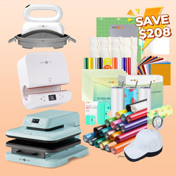 [All in one]HTVRONT Auto Press15"x15"+Tumbler Press+Hat Press Machine+All in Bundle(Canvas Tote Bag*6+Baseball Cap Blank*2+Tumbler 20oz*4+10sheets HTV+20Rolls HTV+PUFF HTV*9+Sumblimation Paper*25+Sumblimation HTV*5+Transfer paper*10+Tools≥252＄)