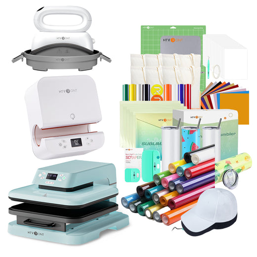 [All in one]HTVRONT Auto Press15"x15"+Tumbler Press+Hat Press Machine+All in Bundle(Canvas Tote Bag*6+Baseball Cap Blank*2+Tumbler 20oz*4+10sheets HTV+20Rolls HTV+PUFF HTV*9+Sumblimation Paper*25+Sumblimation HTV*5+Transfer paper*10+Tools≥252＄)