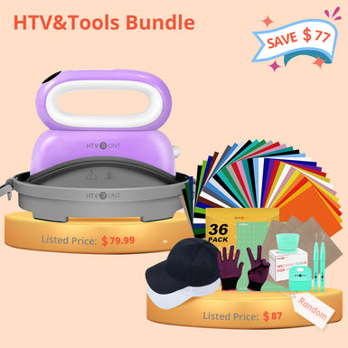 [HTV&Tools Bundle]HTVRONT Hat Heat Press Machine+ Great Valued Sublimation Box(36pcs HTV+2 pack Baseball Cap Blank + PTFE Teflon Sheet*3+Weeding Tools*4+Gloves ≥87＄)