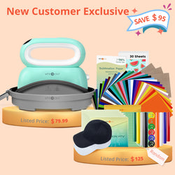 [New Customer Exclusive]HTVRONT Hat Heat Press Machine+ Super Valued Box(36pcs HTV+PUFF HTV*8+Sumblimation paper*30+Sumblimation HTV*5+PTFE Teflon Sheet*3+cutting mat+ 2 pack Baseball Cap Blank ≥125＄)