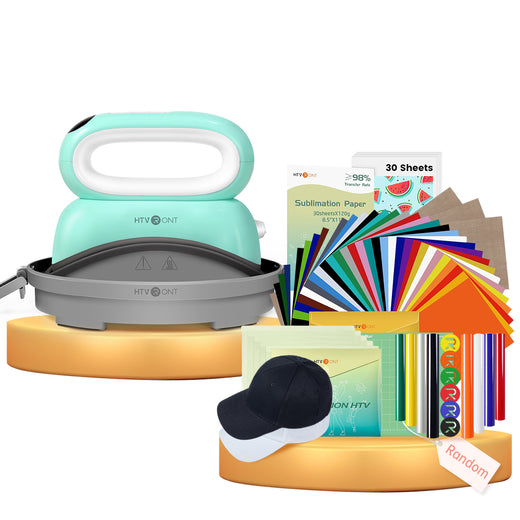 [New Customer Exclusive]HTVRONT Hat Heat Press Machine+ Super Valued Box(36pcs HTV+PUFF HTV*8+Sumblimation paper*30+Sumblimation HTV*5+PTFE Teflon Sheet*3+cutting mat+ 2 pack Baseball Cap Blank ≥125＄)