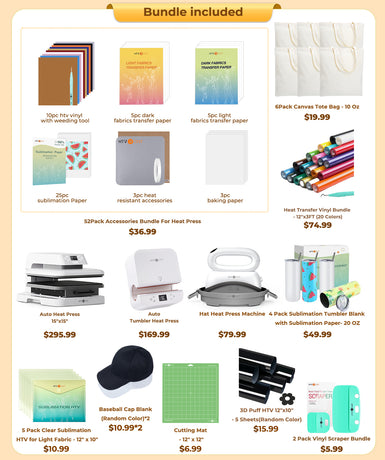 [All in one]HTVRONT Auto Press15"x15"+Tumbler Press+Hat Press Machine+All in Bundle(Canvas Tote Bag*6+Baseball Cap Blank*2+Tumbler 20oz*4+10sheets HTV+20Rolls HTV+PUFF HTV*5+Sumblimation Paper*25+Sumblimation HTV*5+Transfer paper*10+Tools≥250＄)