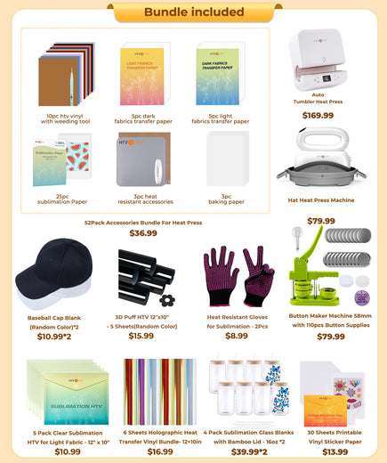 [All in one]HTVRONT Tumbler Press+Hat Press +Button Maker Machine+All in Bundle(Baseball Cap Blank*2+Glasses  16oz*8+HTV*10+PUFF HTV*5+Holographic HTV*6+Sumblimation Paper*25+Sumbli HTV*5+Transfer paper*10+Sticker Paper*30+Button Supplies+Tools≥206＄)