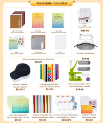 [All in one]HTVRONT Tumbler Press+Hat Press +Button Machine+All in Bundle(Baseball Cap Blank*2+Glasses  16oz*8+10sheets HTV+PUFF HTV*8+Holographic HTV*6+Sumblimation Paper*25+Sumblimation HTV*5+Transfer paper*10+Sticker Paper*30+Tools≥205＄)