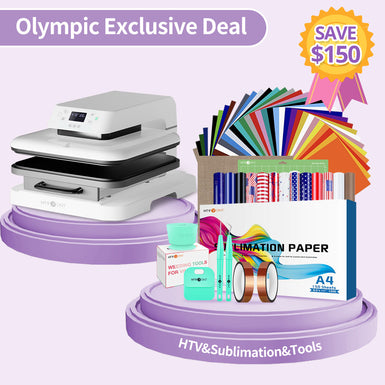 [Olympic Exclusive Deal] Auto Heat Press Machine 15" x 15" 110V + Olympic Exclusive Box (36 sheets HTV+150 sheets Sublimation Paper A4+13 sheets American Flag HTV+Tools Bundle)