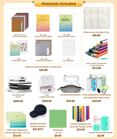 [All in one]HTVRONT Auto Press15"x15"+Tumbler Press+Hat Press Machine+All in Bundle(Canvas Tote Bag*6+Baseball Cap Blank*2+Tumbler 20oz*4+10sheets HTV+20Rolls HTV+PUFF HTV*9+Sumblimation Paper*25+Sumblimation HTV*5+Transfer paper*10+Tools≥252＄)