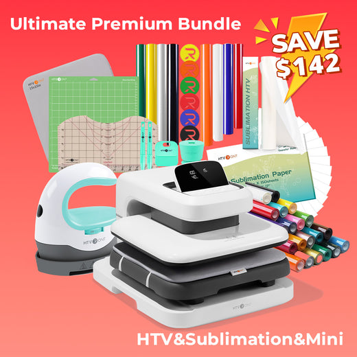 [Ultimate Premium Bundle]HTVRONT Auto2 Heat Press+Starter Kit(Multicolor HTV Roll*20+150 sheets Sublimation Paper A4+Sublimation HTV Roll+PUFF HTV*8+Mini2 Heat Press Machine+Heat Press Mat+T shirt Rules+Cutting Mat+Weeding Tools≥229＄)