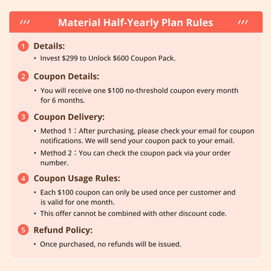 Material Half-Yearly Plan：Prepay $299 to Unlock $600 Coupon