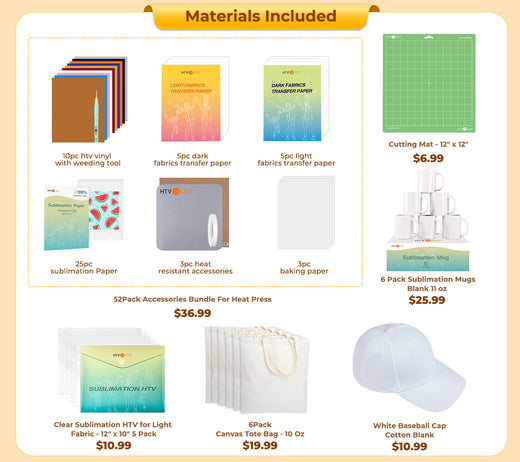 [Early-Bird Advanced Bundle]HTVRONT Mini3 Heat Press+Canvas Bags&Mugs&Cap Bundle(Canvas Tote Bag*6+Mugs 11oz*6+Cap Blank*1+Multicolor HTV*10+Sumblimation Paper*25+Sumblimation HTV*5+Transfer paper*10+PTFE Teflon Sheet+Heat Press Mat+Weeding Tools≥111＄)