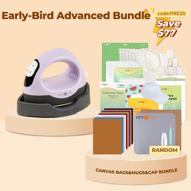 [Early-Bird Advanced Bundle]HTVRONT Mini3 Heat Press+Canvas Bags&Mugs&Cap Bundle(Canvas Tote Bag*6+Mugs 11oz*6+Cap Blank*1+Multicolor HTV*10+Sumblimation Paper*25+Sumblimation HTV*5+Transfer paper*10+PTFE Teflon Sheet+Heat Press Mat+Weeding Tools≥111＄)