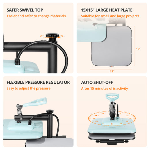 HTVRONT Manual Heat Press Machine 15" x 15" 110V + Mini Heat Press Machine