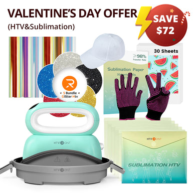 [Valentine's Day OfferHTVRONT Hat Heat Press Machine+Limited Time Bundle(Baseball Cap Blank+Glitter HTV*5+Holographic HTV*6+Sumblimation Paper*30+Sumblimation HTV*5+Gloves≥72＄)