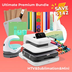 [Ultimate Premium Bundle]HTVRONT Auto2 Heat Press+Starter Kit(Multicolor HTV Roll*20+150 sheets Sublimation Paper A4+Sublimation HTV Roll+PUFF HTV*8+Mini2 Heat Press Machine+Heat Press Mat+PTFE Teflon Sheet+Cutting Mat+Weeding Tools≥225＄)