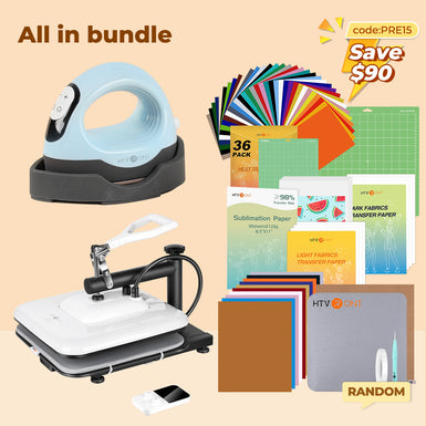 [All in bundle]HTVRONT Manual+Mini3 Heat Press Machine+advanced Bundle(Multicolor HTV*46+Sumblimation Paper*25+Transfer paper*10+PTFE Teflon Sheet+Heat Press Mat+Cutting Mat+Weeding Tools≥83＄)