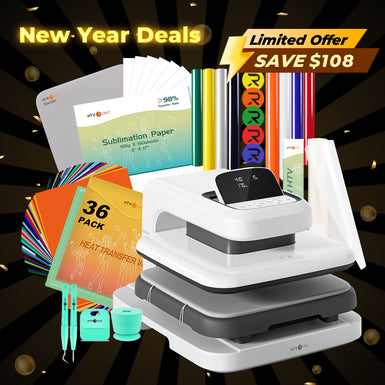 [New Year Deals]HTVRONT Auto2 Heat Press+HTV & Sublimation Essential Bundle(36 sheets HTV+150 sheets Sublimation Paper A4+Sublimation HTV Roll+PUFF HTV*8+Tools Bundle)