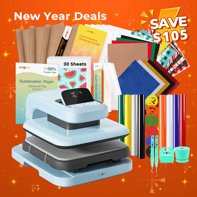 [New Year Deals]HTVRONT Auto2 Heat Press+New Year Bundle(PUFF HTV*8+Glitter HTV*5+Christmas HTV*13+Sumblimation Paper*30+Sumblimation HTV roll+Transfer paper*6+PTFE Teflon Sheet+Weeding Tools≥117＄)