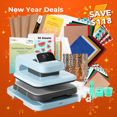 [New Year Deals]HTVRONT Auto2 Heat Press+New Year Bundle(PUFF HTV*5+Glitter HTV*5+Animal Patterned HTV*8+Sumblimation Paper*30+Sumblimation HTV roll+Transfer paper*6+PTFE Teflon Sheet+Weeding Tools≥119＄)