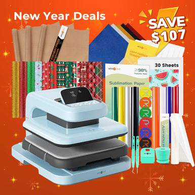 [New Year Deals]HTVRONT Auto2 Heat Press+New Year Bundle(PUFF HTV*8+Glitter HTV*5+Christmas HTV*13+Sumblimation Paper*30+Sumblimation HTV roll+Transfer paper*6+PTFE Teflon Sheet+Weeding Tools≥117＄)