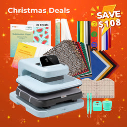 [Christmas Deals]HTVRONT Auto2 Heat Press+Christmas Bundle(PUFF HTV*8+Glitter HTV*5+Christmas HTV*13+Sumblimation Paper*30+Sumblimation HTV roll+Transfer paper*6+PTFE Teflon Sheet+T shirt Rules+Weeding Tools≥105＄)