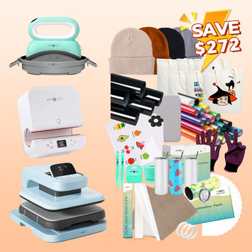 [All in one kit]HTVRONT Auto heat press 2+Tumbler press+Hat Press+All in One Bundle(Including  Multicolor HTV Roll*20,Sublimation Paper A4,Sublimation HTV,PUFF HTV,Canvas Bags,Tumbler Blanks,Winter Knit Hats,Teflon Sheet, Heat Tape,Weeding Tools)