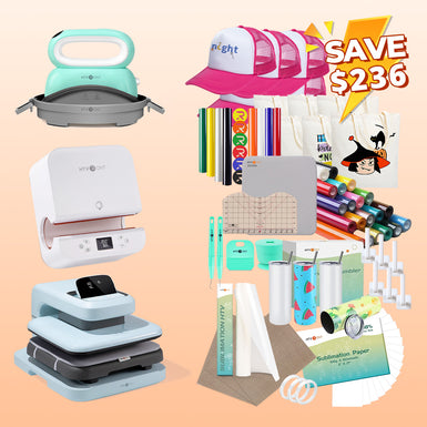 [All in one]HTVRONT Auto2+Tumbler+Hat Heat Press+All in One Bundle(Multicolor HTV Roll*20+150 sheets Sublimation Paper A4+Sublimation HTV Roll+PUFF HTV*8+Canvas Bags*6+Trucker Cap*6+Tools≥296＄)