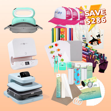 [All in one]HTVRONT Auto2+Tumbler+Hat Heat Press+All in One Bundle(Multicolor HTV Roll*20+150 sheets Sublimation Paper A4+Sublimation HTV Roll+PUFF HTV*8+Canvas Bags*6+Tumbler Blank*4+Trucker Cap*6+Tools≥296＄)