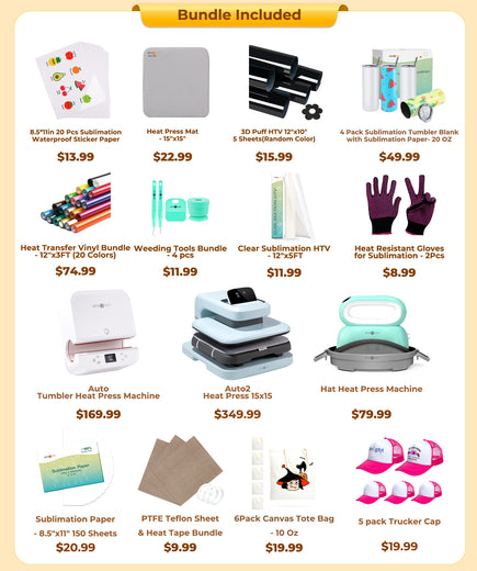 [All in one]HTVRONT Auto2+Tumbler+Hat Heat Press+All in One Bundle(Multicolor HTV Roll*20+150 sheets Sublimation Paper A4+Sublimation HTV Roll+PUFF HTV*5+Canvas Bags*6+Trucker Cap*6+Tools≥282＄)