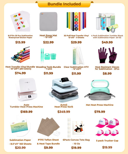 [All in one]HTVRONT Auto2+Tumbler+Hat Heat Press+All in One Bundle(Multicolor HTV Roll*20+150 sheets Sublimation Paper A4+Sublimation HTV Roll+PUFF HTV*8+Canvas Bags*6+Tumbler Blank*4+Trucker Cap*6+Tools≥296＄)