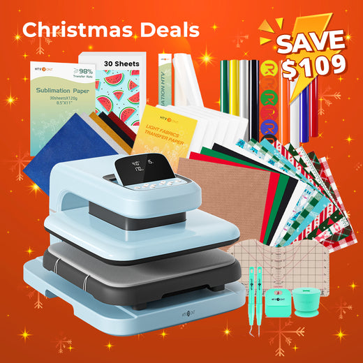 [Christmas Deals]HTVRONT Auto2 Heat Press+Christmas Bundle(PUFF HTV*8+Glitter HTV*5+Christmas HTV*13+Sumblimation Paper*30+Sumblimation HTV roll+Transfer paper*6+PTFE Teflon Sheet+T shirt Rules+Weeding Tools≥105＄)