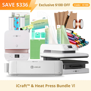 [iCraft™ & Heat Press Essential Bundle] LOKLiK iCraft™ Cutting Machine + Auto Heat Press 15"x15" + Tumbler Heat Press + Accessories Bundle(20 rolls HTV, 150 sheets sublimation paper, 2 rolls sublimation HTV, 4 packs tumbler, essential tools)