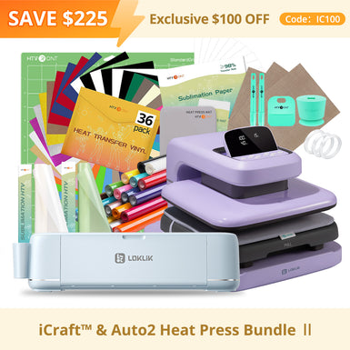 [LOKLiK iCraft & Auto2 Heat Press Premium Bundle ] LOKLiK iCraft™ Cutting Machine + Auto2 Heat Press 15"x15" + Accessories Bundle(20 rolls HTV, 36 sheets HTV, 150 sheets Sublimation essential tools)