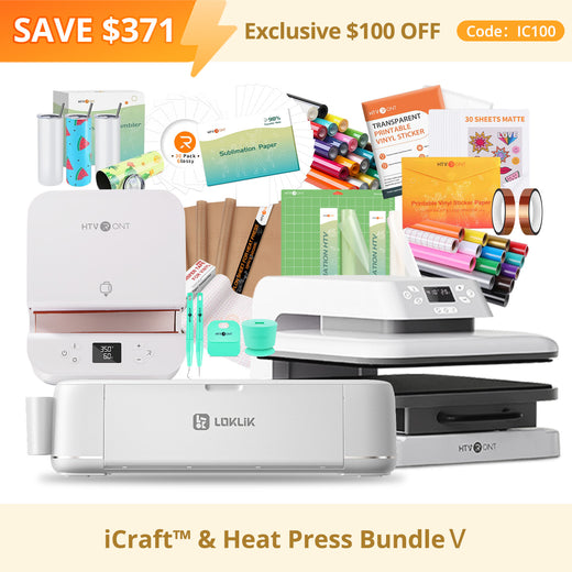 [iCraft™ & Heat Press Premium Bundle] LOKLiK iCraft™ Cutting Machine + Auto Heat Press 15"x15" + Tumbler Heat Press + Accessories Bundle(20 rolls HTV, 150 sheets sublimation paper, 2 rolls sublimation HTV, 4 packs tumbler, essential tools)