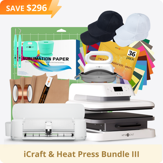 [iCraft & Heat Press Bundle Ⅲ] LOKLiK iCraft™ Cutting Machine + Auto Heat Press 15"x15" + Hat Heat Press + Accessories Bundle(36 sheets HTV, 150 sheets sublimation paper, 4 packs cap, essential tools)