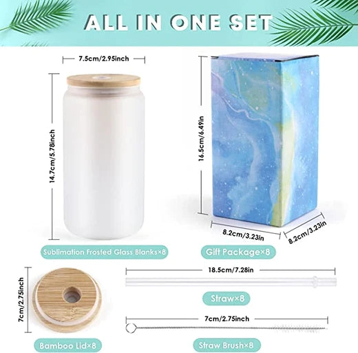MerryJoy 8 PACK Sublimation Glass Blanks With Bamboo Lid,16 OZ Frosted  Glass Cups With Lids And Straws,Sublimation Glass Can,Sublimation Glass  Blanks