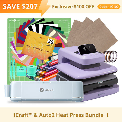 [LOKLiK iCraft & Auto2 Heat Press Essential Bundle ] LOKLiK iCraft™ Cutting Machine + Auto2 Heat Press 15"x15" + Accessories Bundle(20 rolls HTV, 36 sheets HTV, essential tools)