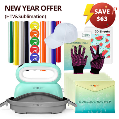 [New Year Offer]HTVRONT Hat Heat Press Machine+Limited Time Bundle(Baseball Cap Blank+PUFF HTV*8+Sumblimation Paper*30+Sumblimation HTV*5+PTFE Teflon Sheet+Gloves≥63＄)