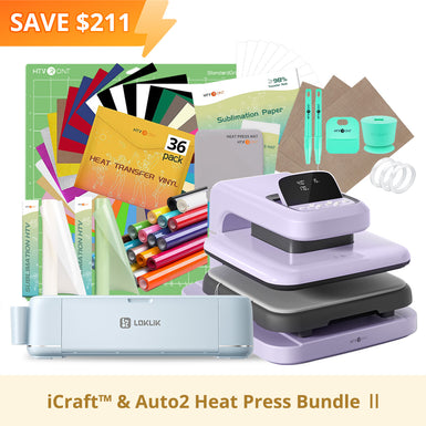 [LOKLiK iCraft & Auto2 Heat Press Premium Bundle ] LOKLiK iCraft™ Cutting Machine + Auto2 Heat Press 15"x15" + Accessories Bundle(20 rolls HTV, 36 sheets HTV, 150 sheets Sublimation essential tools)