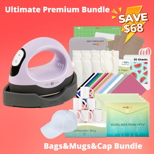 [Ultimate Premium Bundle]HTVRONT Mini3 Heat Press+Canvas Bags&Mugs&Cap Bundle(Canvas Tote Bag*6+Mugs 11oz*6+Cap Blank*1+Multicolor HTV*15+Sumblimation Paper*30+Sumblimation HTV*5+Heat Tape*3+PTFE Teflon Sheet*3+Heat Press Mat+Cutting mat≥122＄)