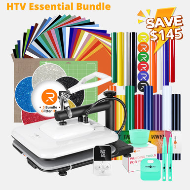 [HTV Essential Bundle] HTVRONT Manual Heat Press Machine 15" x 15" 110V + HTV & Tools Bundle (Heat Transfer Vinyl, Puff HTV, Glitter HTV, Weeding Tools)