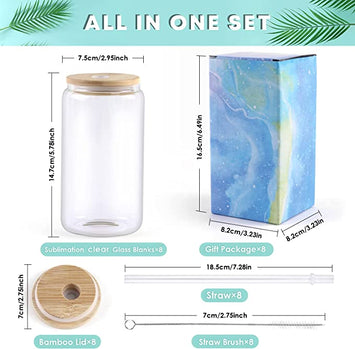 Sublimation  Clear/Frosted Glass Blanks with Bamboo Lid - 16oz 8 Pack